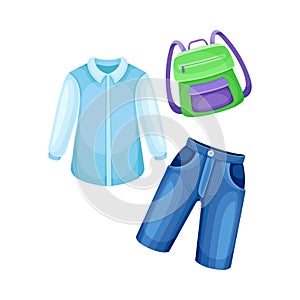 Clothes for boy set. Shirt, jeans and backpack cartoon vector illustration