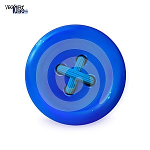 Clothes button, blue icon. Detailed realistic plastic sewing button isolated. Sewn with cyan threads. Vector