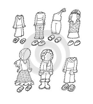 Clothes for children of various nationalities chine coloring humorous children for books and teaching school boards and narrativ
