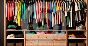 Clothes closet with colorful shirts and clothes, AI