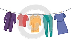 Clothes on clothesline. Clothes and accessories after washing on a rope. T-shirt, dress, trousers, blouse. Flat vector