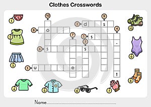 Clothes Crosswords - Worksheet for education.