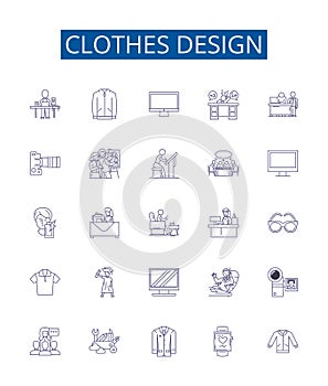 Clothes design line icons signs set. Design collection of Apparel, Garments, Garb, Fashions, Wearables, Outfits