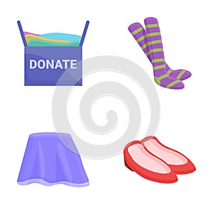 Clothes donation icons set cartoon vector. Cardboard box full of different thing
