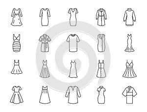 Clothes dresses doodle illustration including icons - modern sexy garment, evening, cheongsam, japanese kimono, sundress