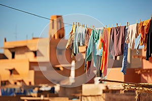 Clothes drying on a clothesline in Essaouira, Morocco