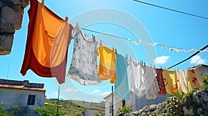 Clothes drying on a rope. Laundry drying on lines.