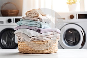 Clothes and fabric material with washing machine in clean laundry store without people. Generative ai