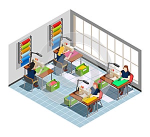 Clothes Factory Seamstress Isometric Composition