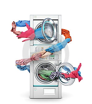 Clothes fly out of a washing machine into a tumble dryer