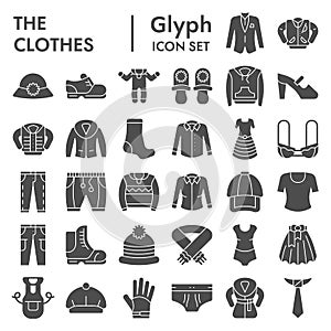 Clothes glyph icon set, clothing symbols collection, vector sketches, logo illustrations, garment signs solid pictograms