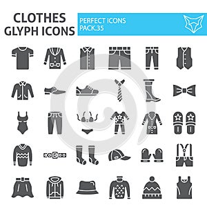 Clothes glyph icon set, clothing symbols collection, vector sketches, logo illustrations, wear signs solid pictograms