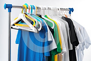 Clothes hang on clothing rack over white background.