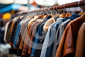 Clothes hang on a rack in a clothing store.