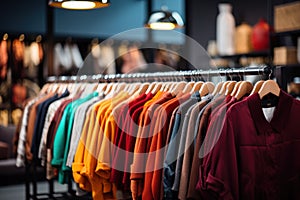 Clothes hang on a rack in a clothing store. Generative AI