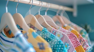 Clothes hang on shelf in designer clothes store