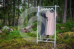 Clothes hanger with dresses in the woods. photo