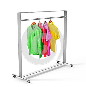 Clothes on hanger rack on a white