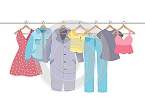 Clothes on hangers. Garment with hanger and rack in wardrobe. Shirt, dress and coat, jacket, pants. Apparel female