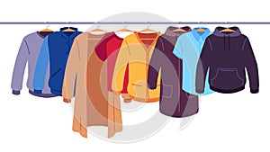 Clothes on hangers. Storage of men and women garments on hangers, apparel hanging on rack, wardrobe inner space flat