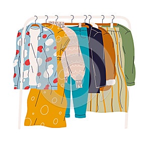 Clothes hanging on a hanger in the checkroom or store. photo