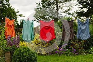 Clothes hanging on line in garden