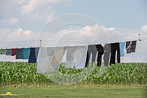 Clothes hanging outside amish house in usa