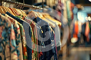 Clothes hanging on a rack in a boutique store. Concept Boutique Store, Fashion Display, Trendy