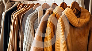 clothes hanging on a rack in a closet