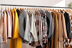 Clothes Hanging on Rail, A Collection of Garments Displayed for Sale or Organization