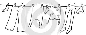 Clothes hanging on a rope. Pants, shirt, socks is drying. Cartoon flat illustration. Flat vector illustration isolated. Linen on