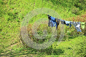 Clothes hanging to dry on a laundry line