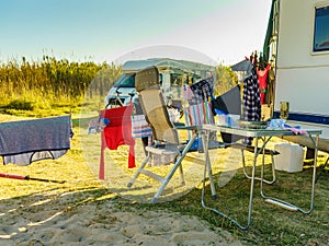 Clothes hanging to dry outdoor. Camping