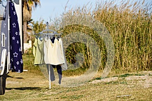 Clothes hanging to dry outdoor. Camping