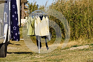 Clothes hanging to dry outdoor. Camping