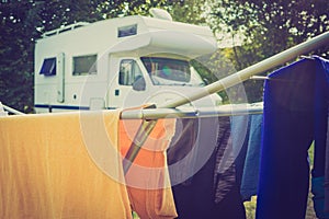 Clothes hanging to dry outdoor at caravan