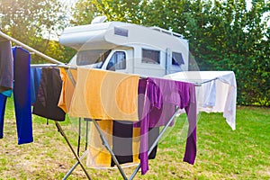 Clothes hanging to dry outdoor at caravan