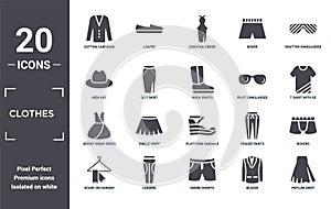 clothes icon set. include creative elements as cotton cardigan, shutter sunglasses, pilot sunglasses, platform sandals, leggins,