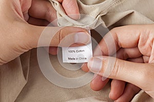 Clothes label. 100% cotton. Made in China