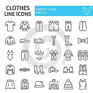 Clothes line icon set, clothing symbols collection, vector sketches, logo illustrations, wear signs linear pictograms