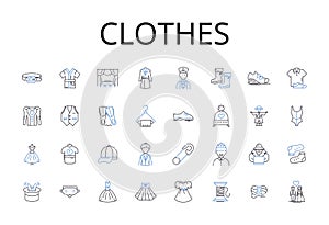 Clothes line icons collection. Attire, Garments, Apparel, Raiment, Outfit, Costume, Dressing vector and linear