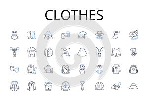 Clothes line icons collection. Attire, Garments, Apparel, Raiment, Outfit, Costume, Dressing vector and linear