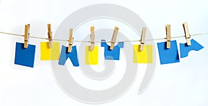 Clothes Line and Pins Holding blue & Yellow Shapes for Text