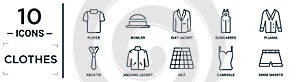 clothes linear icon set. includes thin line fleece, suit jacket, pijama, jogging jacket, camisole, swim shorts, necktie icons for photo