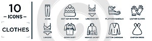 clothes linear icon set. includes thin line jeans, lingerine set, leather gloves, denim shirt, cotton cardigan, chiffon dress,