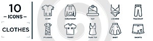 clothes linear icon set. includes thin line shirt, hat, tracksuit, tshirt, skirt, shorts, pyjamas icons for report, presentation,