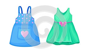 Clothes for little girl set. Cute blue and turquoise summer dresses cartoon vector illustration