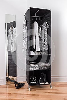 Clothes organizer with black and white clothing