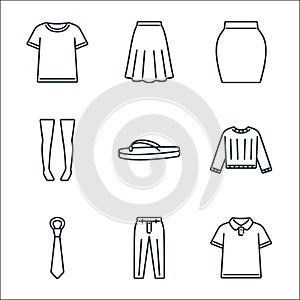 Clothes and outfit line icons. linear set. quality vector line set such as polo shirt, trousers, tie, sweater, flip flop, knee