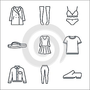 Clothes and outfit line icons. linear set. quality vector line set such as shoe, leggings, long sleeve, tshirt, dress, flip flop,